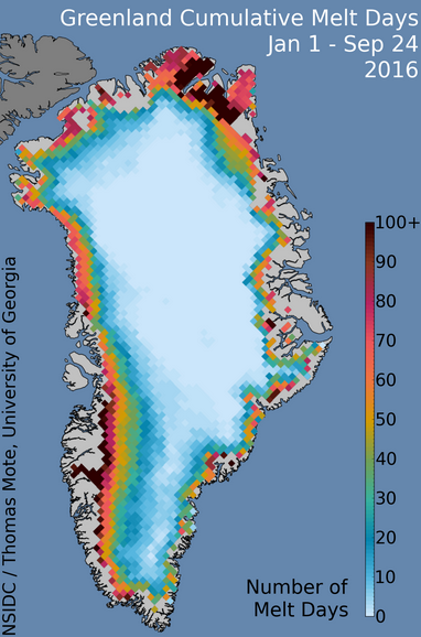 Jours de fonte de la calotte polaire du Groenland entre le 1er janvier et le 24 septembre 2016. Doc. NSIDC