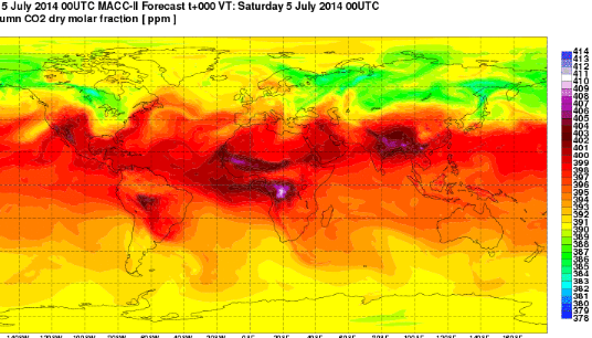 Concentration de CO2 autour de la Terre pour le 5 juillet 2014. Doc. MACC